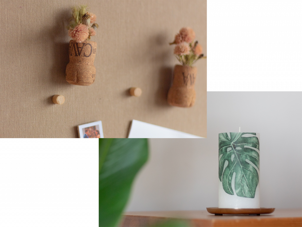 DIY-Bastelideen mit Pflanzen – Korkmagnete mit Trockenblumen & Kerze mit Monstera-Motiv